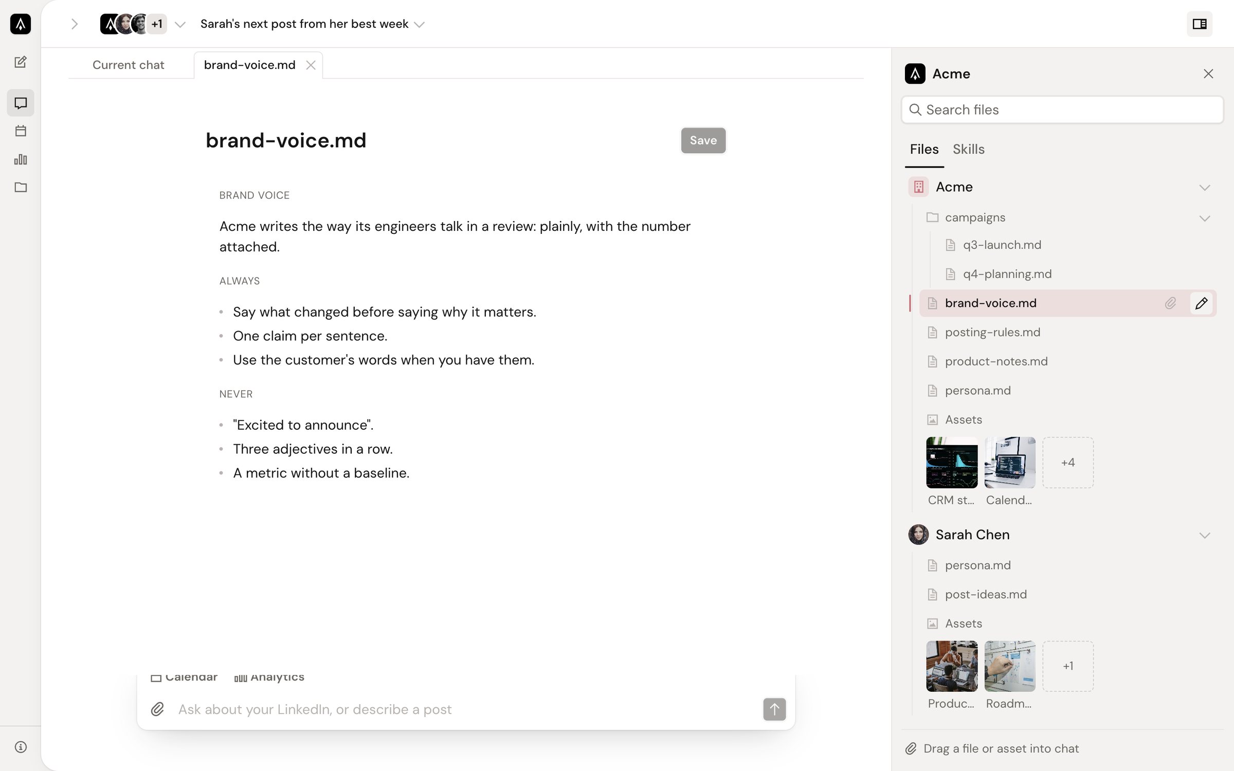 Final design: brand voice file open in a tab beside the chat
