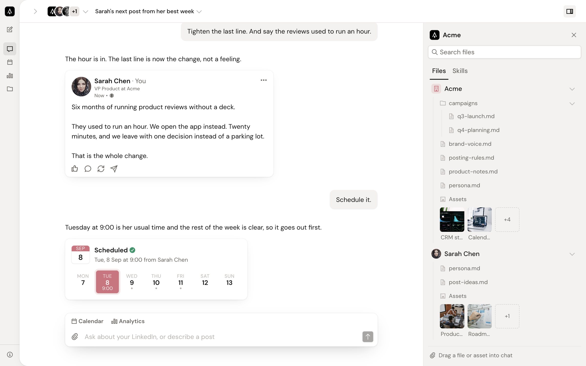 Final design: files sidebar next to the agent chat