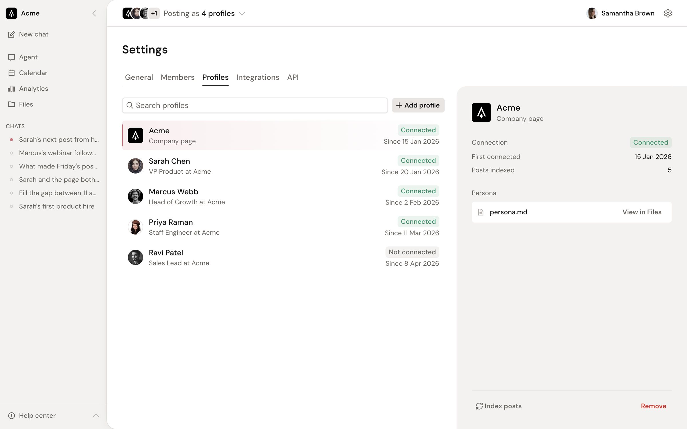 Settings: connected LinkedIn profiles