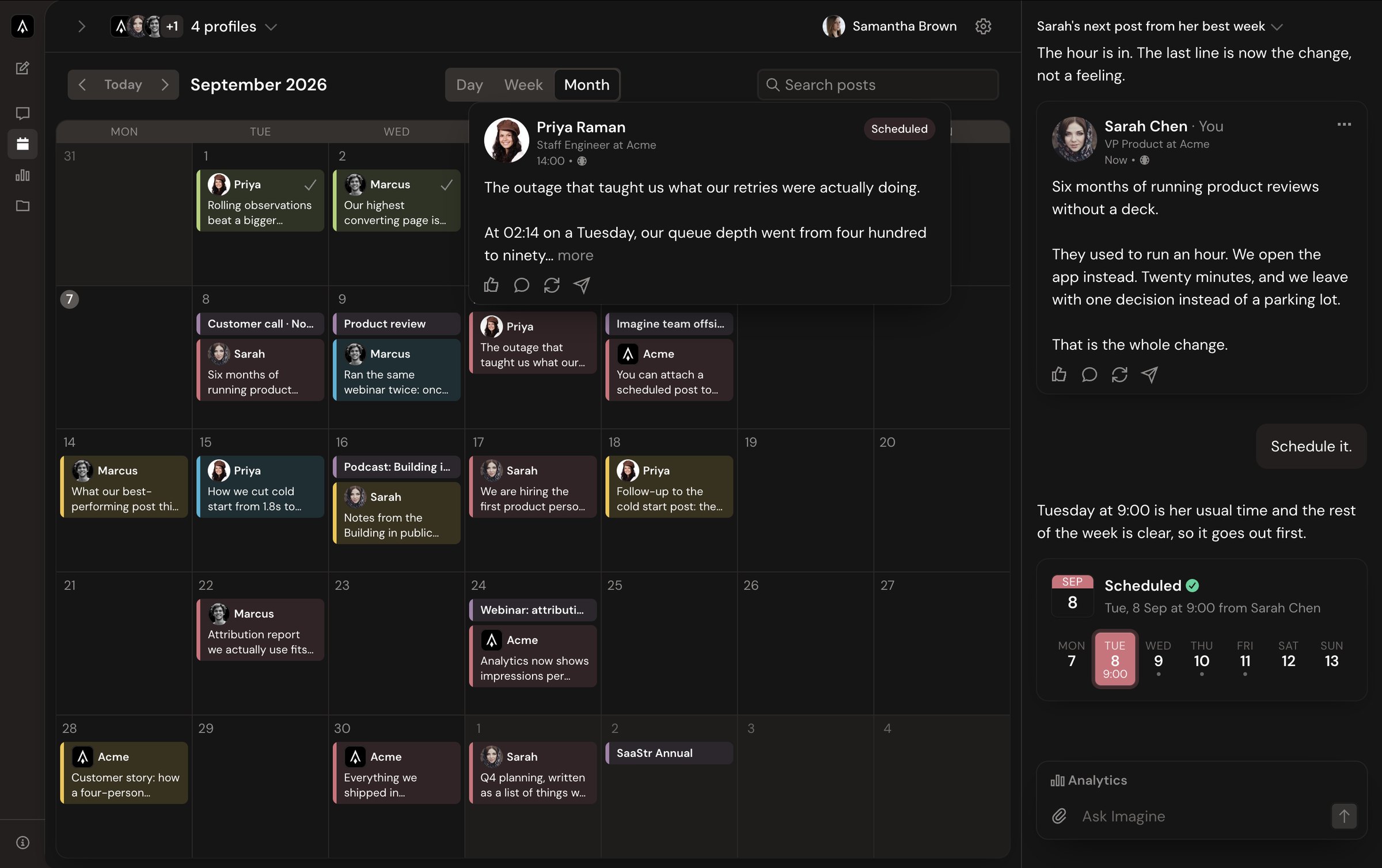 New calendar with a post preview and the agent chat, dark mode