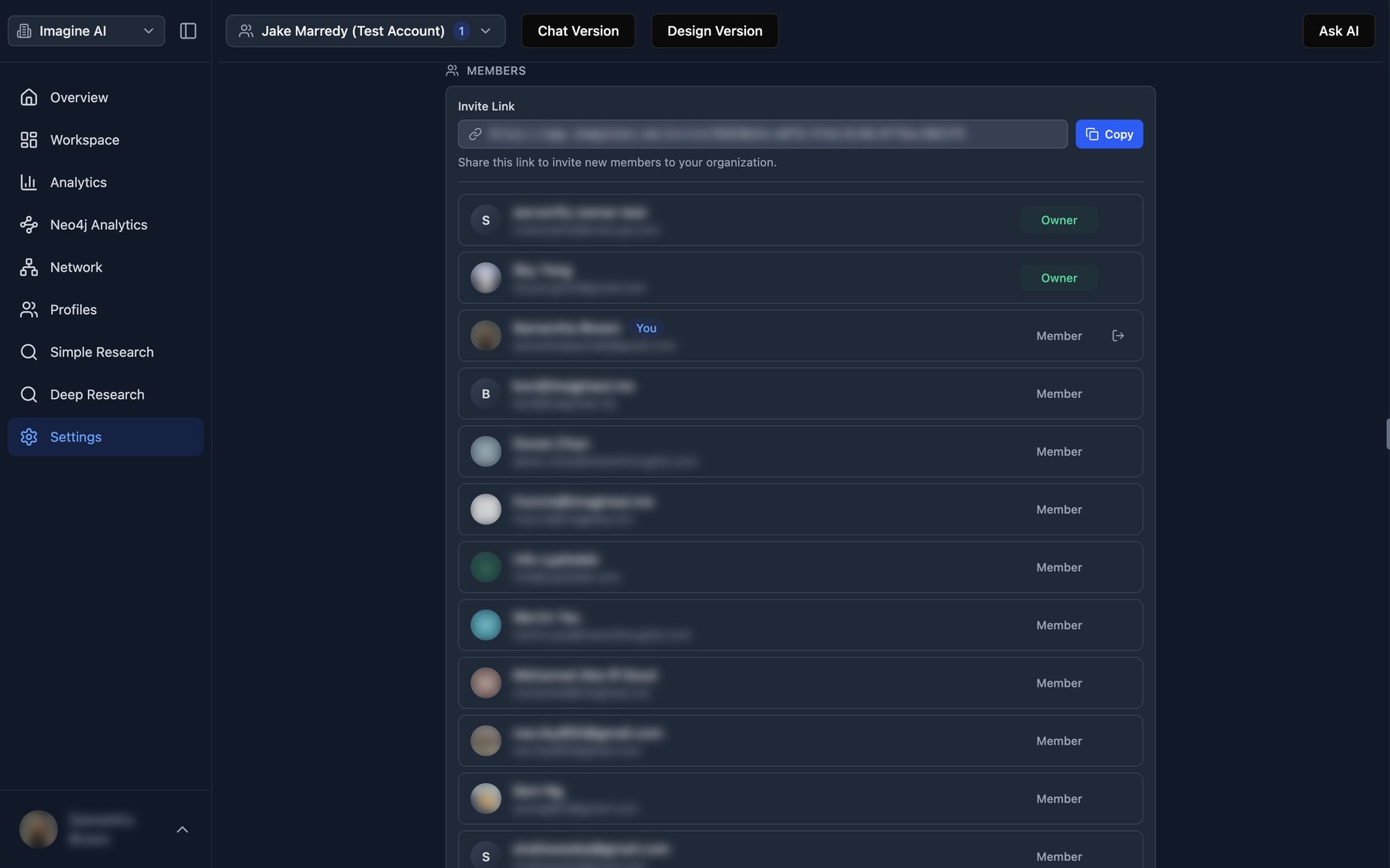 Old settings page with members and invite link