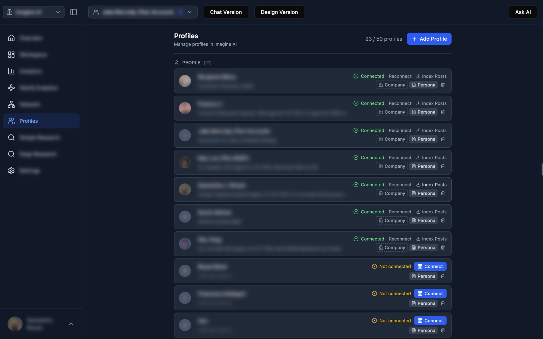 Old profiles page with connect buttons
