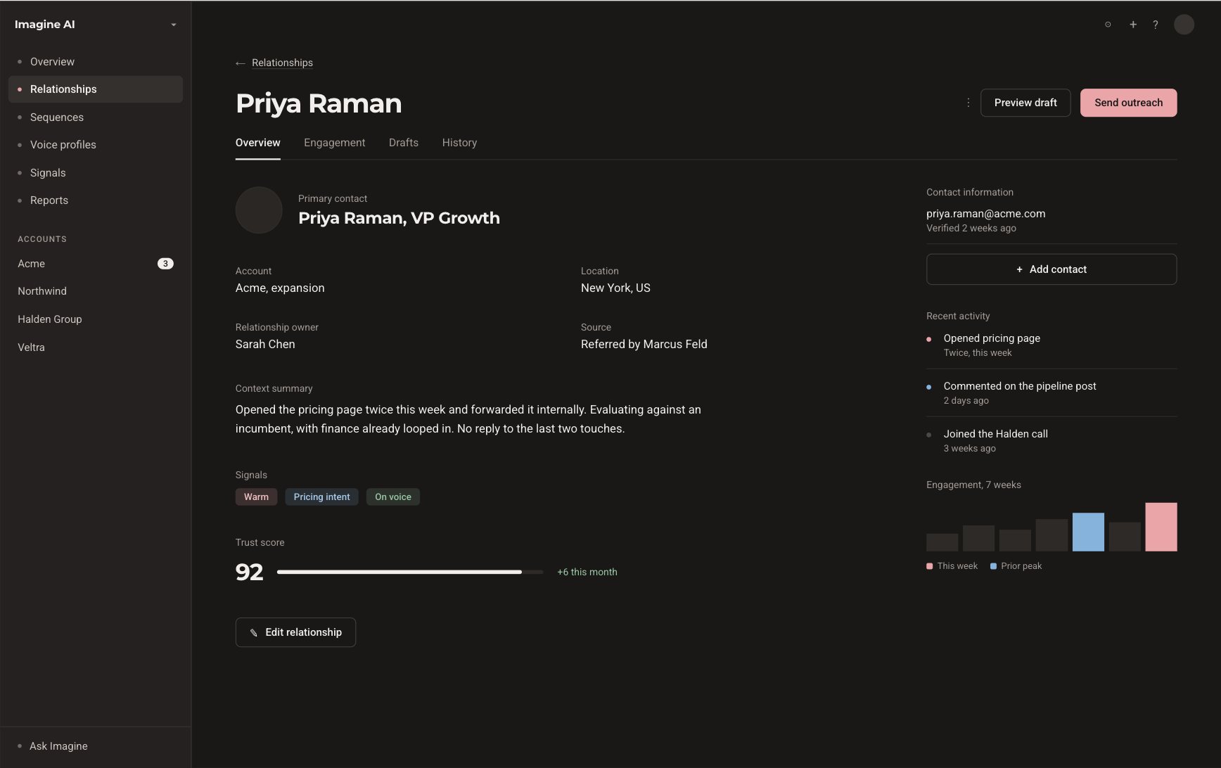 Relationship screen in warm dark