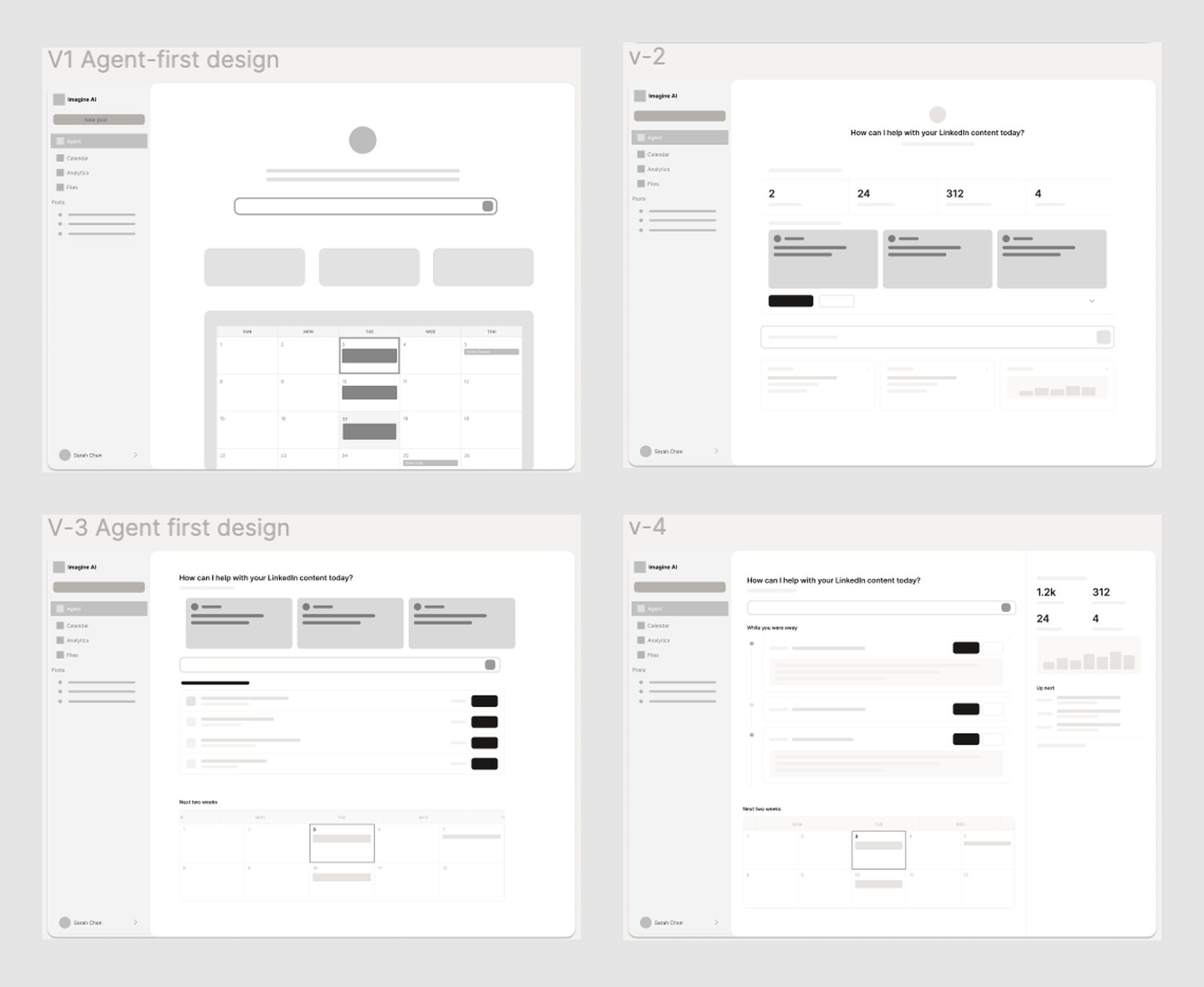 Four wireframe versions of the Agent home screen