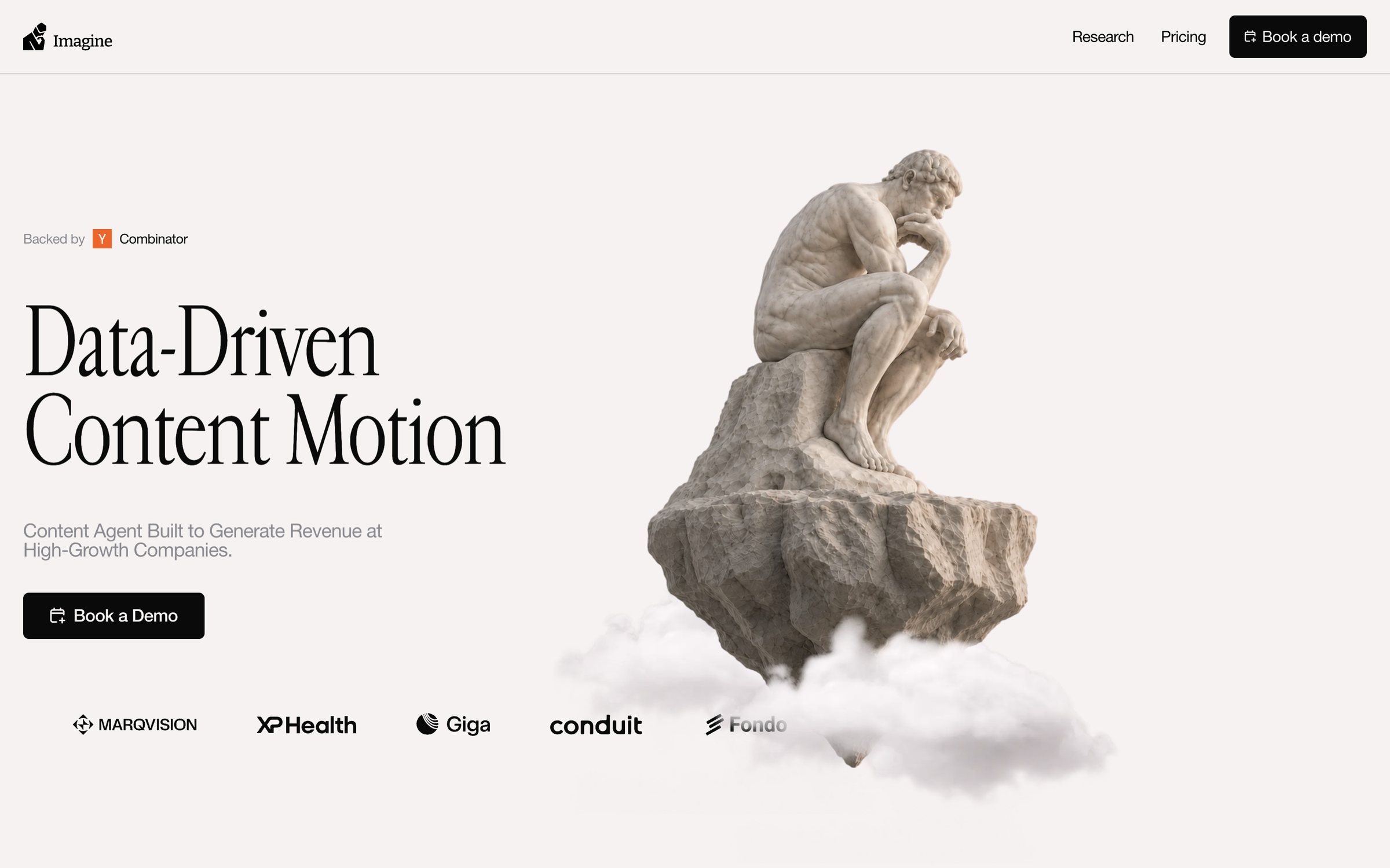 useimagine.ai hero: Data-Driven Content Motion, with the Thinker statue