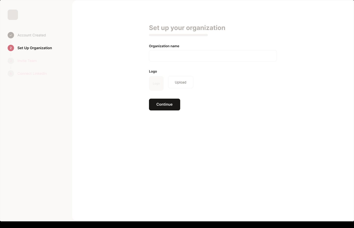 Wireframe: onboarding, set up your organization