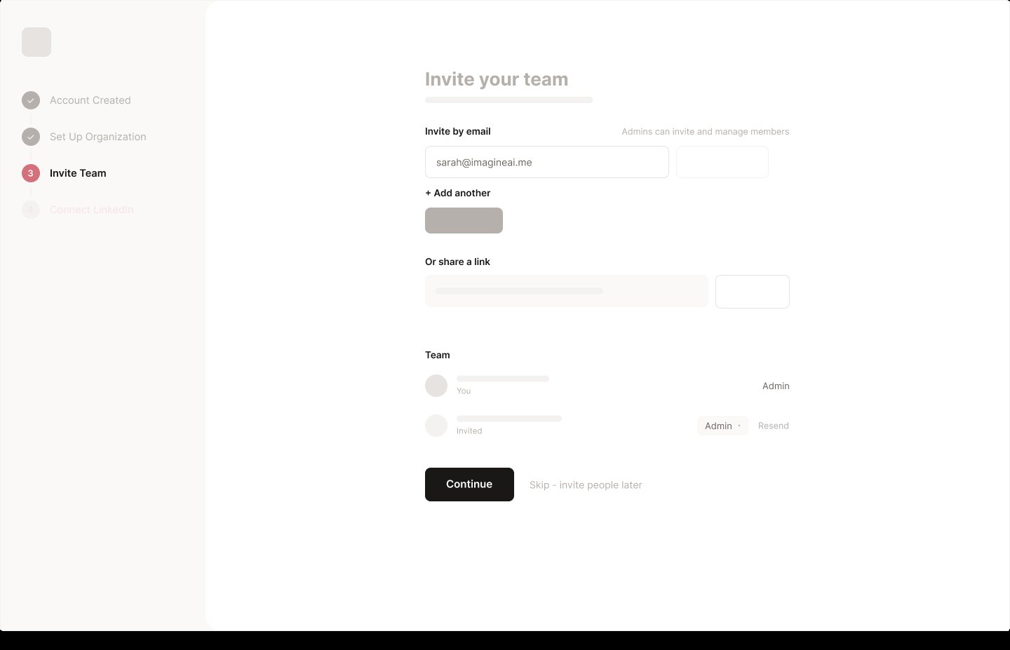 Wireframe: onboarding, invite your team