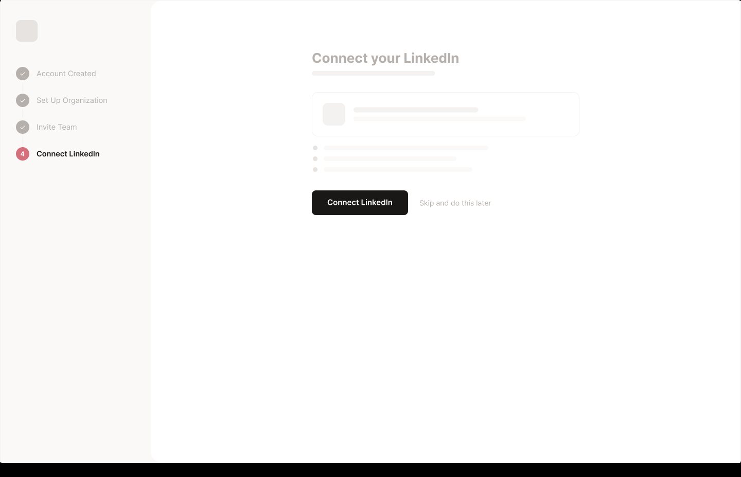 Wireframe: onboarding, connect LinkedIn
