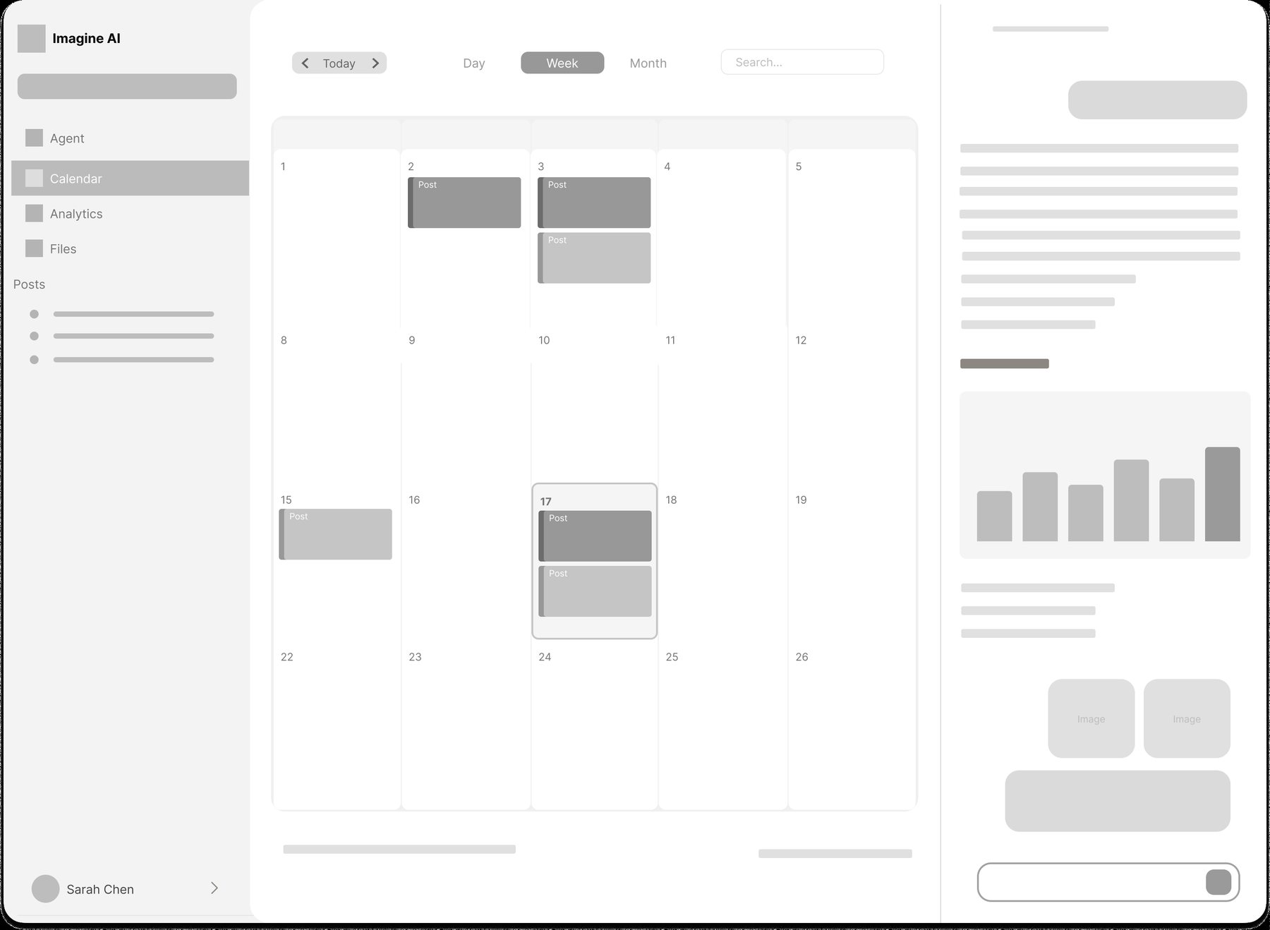 Wireframe: full calendar page with the chat in a sidebar