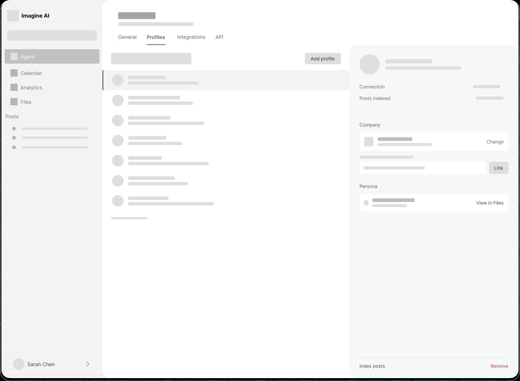 Wireframe: settings, profiles
