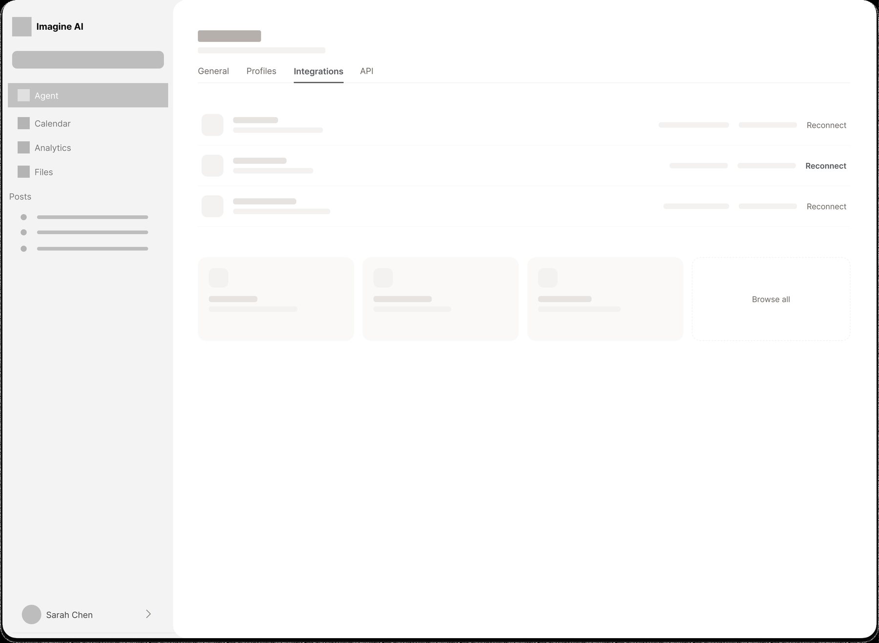 Wireframe: settings, integrations